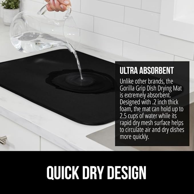 GORILLA GRIP Ultra Water Absorbent Microfiber Dish Drying Mat, 18x32, Quick Dry Thick Mesh, Slip Resistant Pad for Sink Dishes or Under Rack, Kitchen Counter Accessories, Machine Wash Mats, Black