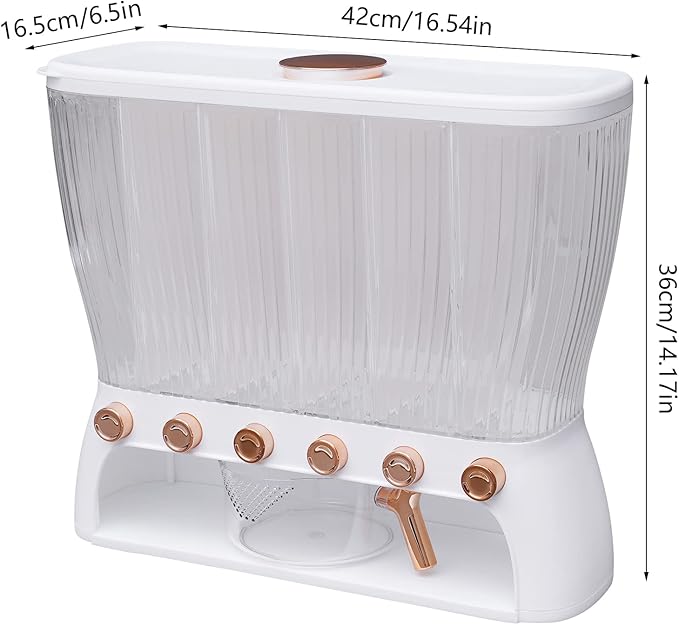 6 Grids Dry Food Dispenser Grain Rice Storage Dispenser with Measuring Cup, 22lbs Sealed Storage Tank for Home Kitchen, Detachable Partition-NeatNest