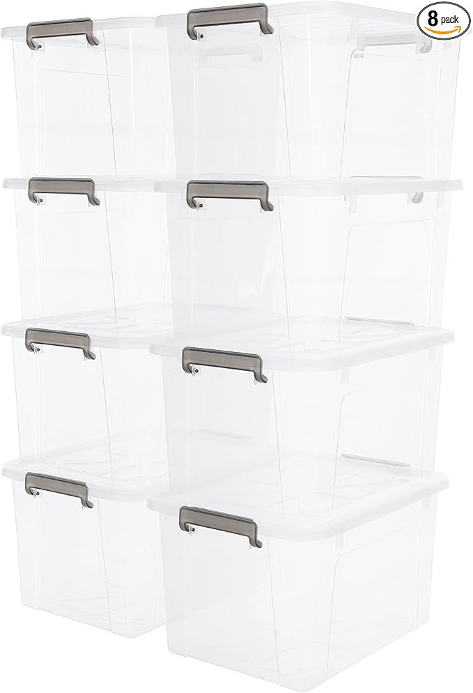Citylife 44.4 QT Plastic Storage Bins with Latching Lids Stackable Storage Containers for Organizing Large Clear Storage Box for Garage, Closet, Kitchen, 8 Packs-NeatNest