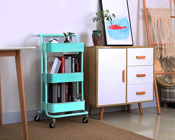 3-Tier Metal Mesh Rolling Cart Storage Organizer with Utility Handle and Wheels, Turquoise-NeatNest