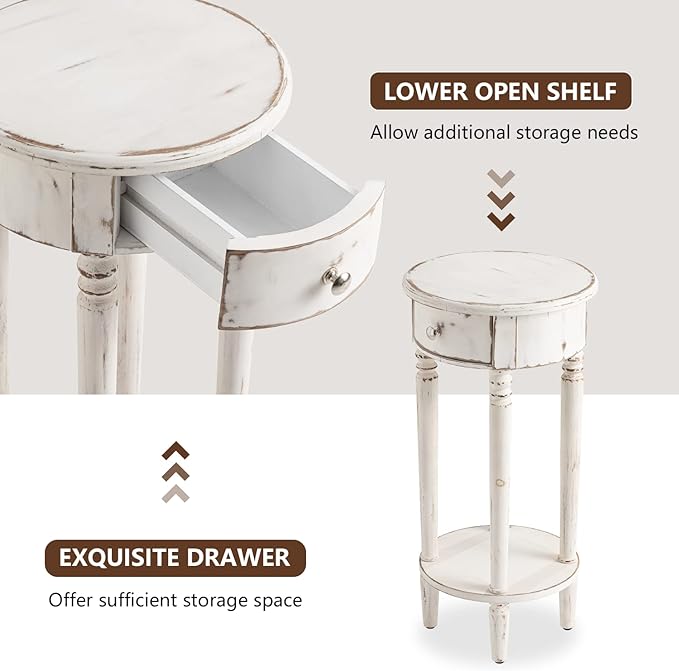 COSIEST Tall End Table with Drawer Sets of 2, Round Nightstand Bedside Table with Storage Shelf, Industrial Telephone End Table for Living Room, Bedroom, Hall Way, Space Saving-NeatNest