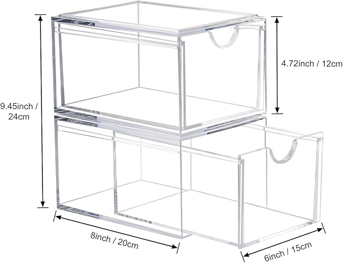 AMEITECH 2 Pack Clear Stackable Storage Drawer, Bathroom Makeup Organizer, Plastic Storage Bins, Acrylic Organization and Storage for Vanity, Kitchen Cabinets, Pantry, Undersink