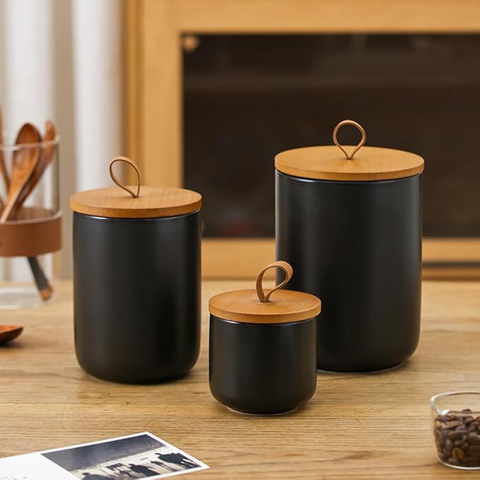 Ceramic Storage Jars, Modern Elegant Highly Polished Airtight Gorgeous Storage Canisters with Wooden Lid Small Food Stroage Jar for Kitchen Spice Tea Vanilla Sugar Coffee Beans (Black tuba)-NeatNest