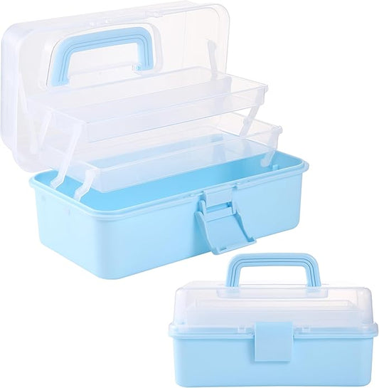 11(in) Versatile Three-Layer Folding Organizer Box,Ideal for Art & Crafts,Toys,Sewing Supplies,Jewelry and Tools,Storage with Dual Trays,Elegant Blue