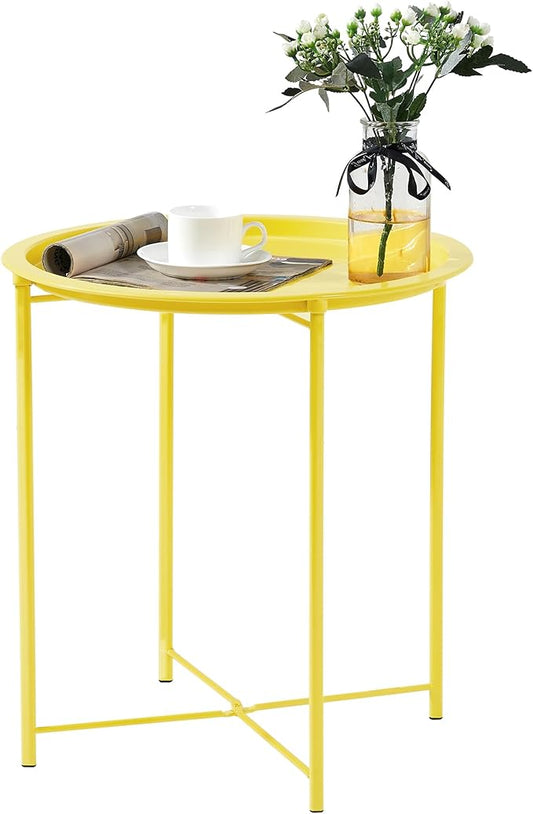 VECELO Side/End Table, Folding Round Metal Anti-Rust and Waterproof Outdoor or Indoor Tray for Living Room Bedroom Balcony and Office, 1 PCS,Yellow