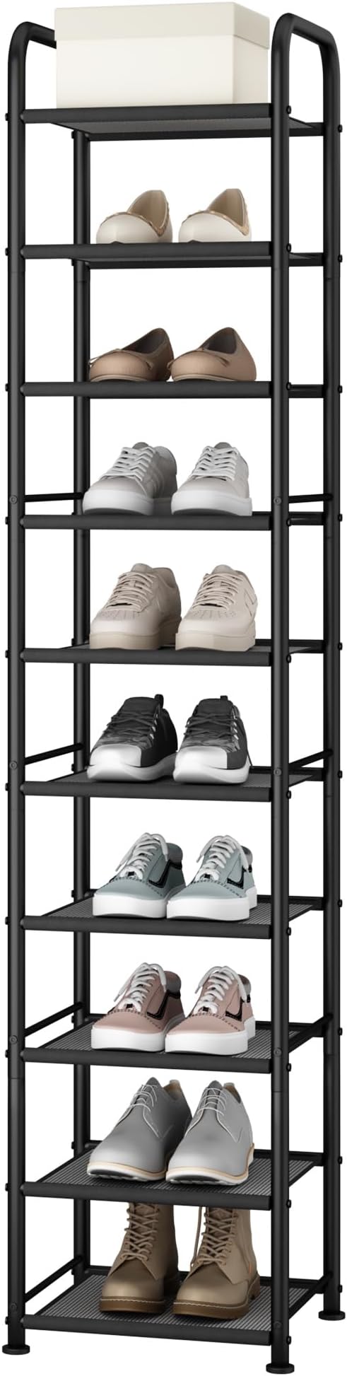 STO STO 10-Tier Narrow Shoe Rack with Sturdy Mesh Shelves, Slim Tall Metal Shoe Organizer for Entryway, Closet, Hallway, Holds 10 Pairs, Vertical Free Standing Shoe Storage Shelf, Black-NeatNest