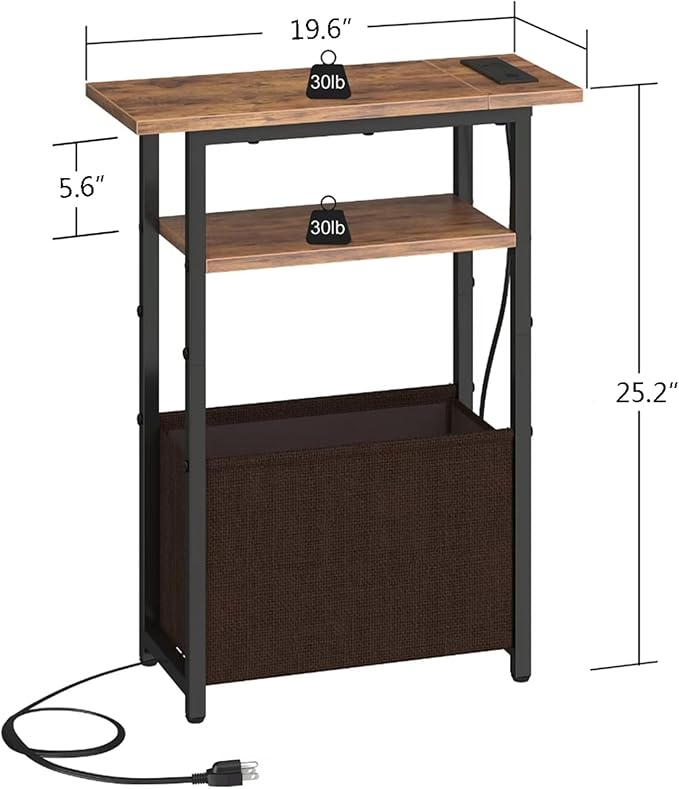 Narrow Side Table with Charging Station Set of 2, Small End Table for Small Spaces, Skinny Nightstands Set 2 with Storage Basket,Sofa Bedside Tables for Living Room,Bedroom, Rustic Brown