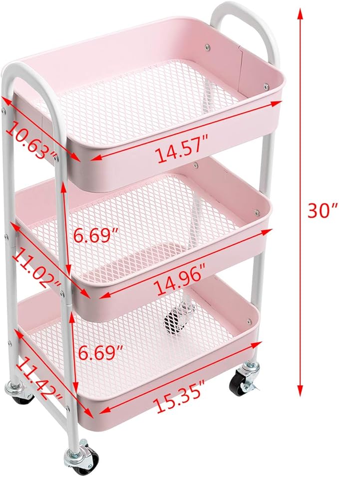 AGTEK Makeup Cart, Movable Rolling Organizer Cart, 3 Tier Metal Utility Cart, White - Pink-NeatNest
