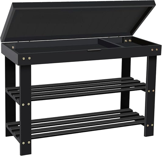 BAMBUROBA Shoe Rack Bench for Entryway,3-Tier Bamboo Small Bench with Storage Drawer,Shoe Shelf Organizer Indoor Outdoor Use,Black