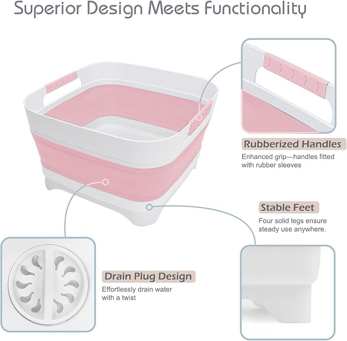 2.4 Gal Collapsible Wash Basin with Drain Plug, Space-Saving Portable Wash Tub, 9L Dish Pan for Soaking Baby Bottles and Pump Parts, Versatile Dish tub for Kitchen, RV, Outdoor Camping Sink (Pink)-NeatNest