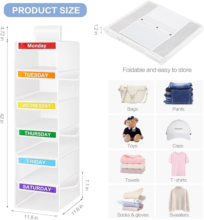 6-Shelf Weekly Closet Hanging Organizer for Kids, 6-Grid Days of the Week Baby Kids Clothing Organizer Monday through Saturday, Foldable Oxford Cloth Closet Clothes Weekday Storage (White)-NeatNest