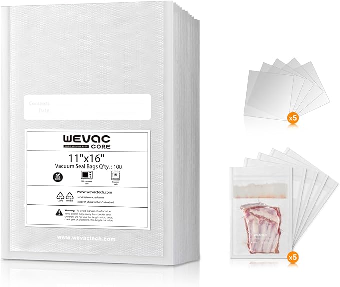 11" x 16" Precut Vacuum Sealer Bags, 100 Count, Includes 5 Liquid Block Bags & 5 Bone Guard Pieces, Heavy Duty for Food Storage, Sous Vide & Meal Prep, Wevac Core-NeatNest