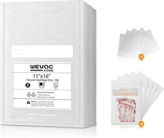 11" x 16" Precut Vacuum Sealer Bags, 100 Count, Includes 5 Liquid Block Bags & 5 Bone Guard Pieces, Heavy Duty for Food Storage, Sous Vide & Meal Prep, Wevac Core-NeatNest