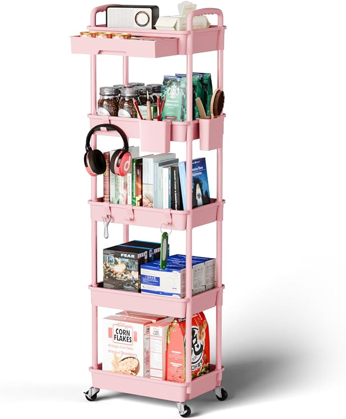5 Tier Rolling Cart Organizer,Bathroom Cart Organizers with Wheels Laundry Room Organization Mobile Shelving Unit Utility Cart Storage Shelves Multi-Functional for Office, Home(Pink)-NeatNest