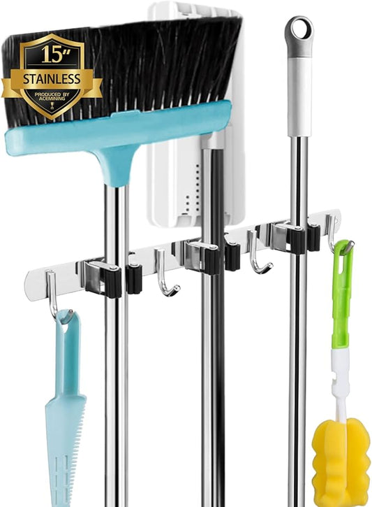 3 Racks and 4 Hooks Broom and Mop Holder Wall Mounted Garage Organizer Storage Tool Racks Stainless Steel Heavy Duty Hooks Self Adhesive Solid Non-slip Wall Hangers for Home Kitchen Garden Laundry-NeatNest