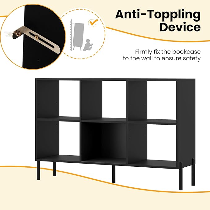 6 Cube Bookcase, Wood Storage Organizer with 5 Metal Legs, Bookshelf with Storage, Cubical Storage Shelf, Wooden Book Shelf, Display Shelves for Bedroom, Living Room, Entryway (Black)