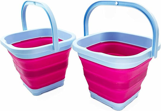 SAMMART Collapsible Rectangular Cleaning Bucket 5L (1.3 Gallon)- Foldable Camping Beach Sand Water Pot Pail- Portable Space Saving Tub for Household, Outdoor Washing (Cool Blue/Flamingo (Set of 2))-NeatNest