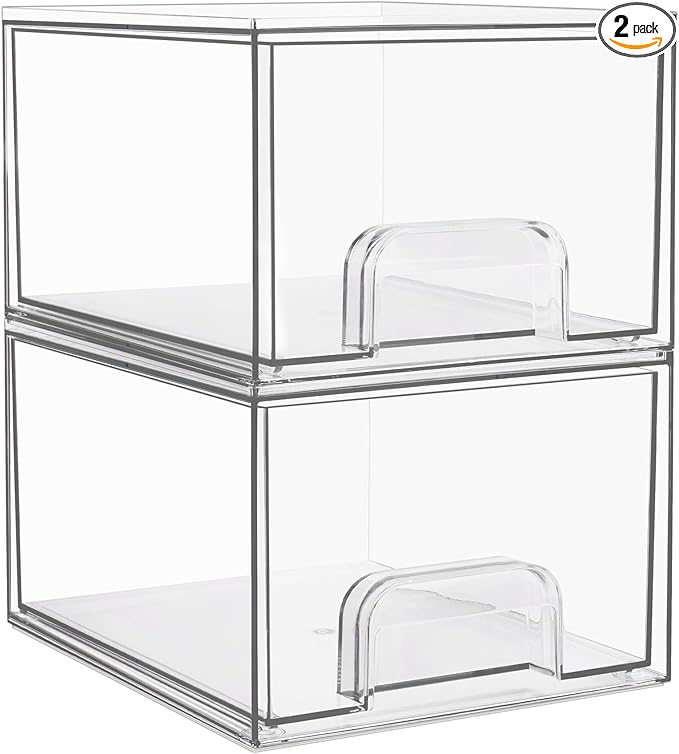 Vtopmart 2 Pack Clear Stackable Storage Drawers, 4.4'' Tall Acrylic Bathroom Makeup Organizer,Plastic Storage Bins For Vanity, Undersink, Kitchen Cabinets, Pantry, Home Organization-NeatNest
