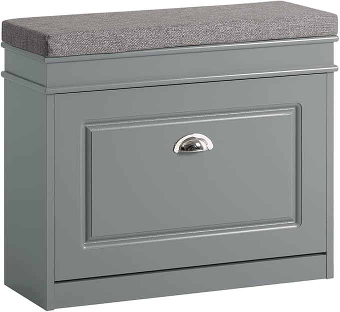 Haotian Grey Hallway Shoe Bench, Narrow Shoe Rack with Adjustable Shelf, Small Shoe Cabinet with 1 Flip-Drawer and Seat Cushion, FSR82-K-HG-NeatNest