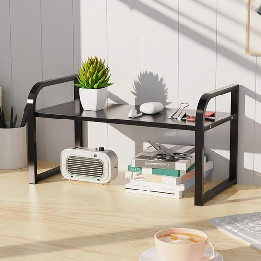 Office Desk Shelf Organizer, Wood Desktop Bookshelf Supplies Storage Rack, Shelf for Top Desk Dresser and Cubicle Decor Bookshelf Monitor Stand Riser (Black Black-single Tier, 11.81 Lx7.87 Wx8.46 H)-NeatNest