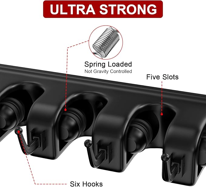 LETMY Broom Holder Wall Mount - Mop and Broom Hanger Holder - Garage Storage Rack & Garden Tool Organizer - 5 Position 6 Hooks Broom Rack for Home, kitchen, Garden, Tools, Garage Organization - Black-NeatNest