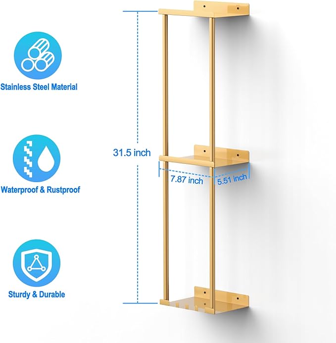 Towel Rack for Bathroom, Wall Mounted Vertical Rolled Towel Storage Organizer Holder with Shelf, Holds Up 6 Large Bath Sheets, Gold