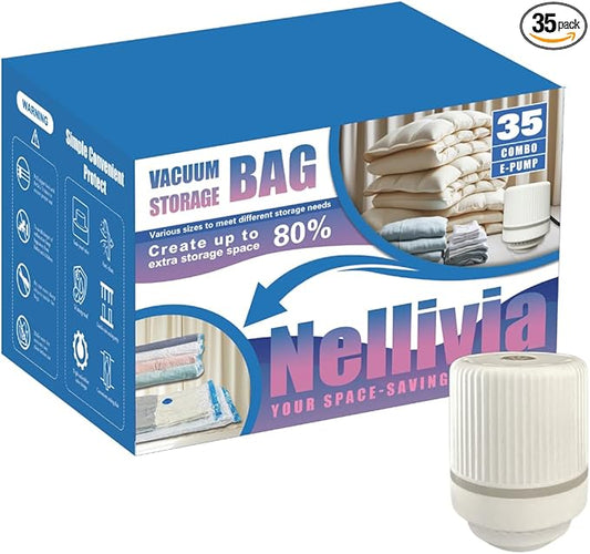 35 Pack Vacuum Storage Bags with Electric Pump, Compression Space Saver for Comforters, Bedding, Blanket Storage, Vacuum Seal Bags for Clothing, Luggage and Closet Organizer-NeatNest