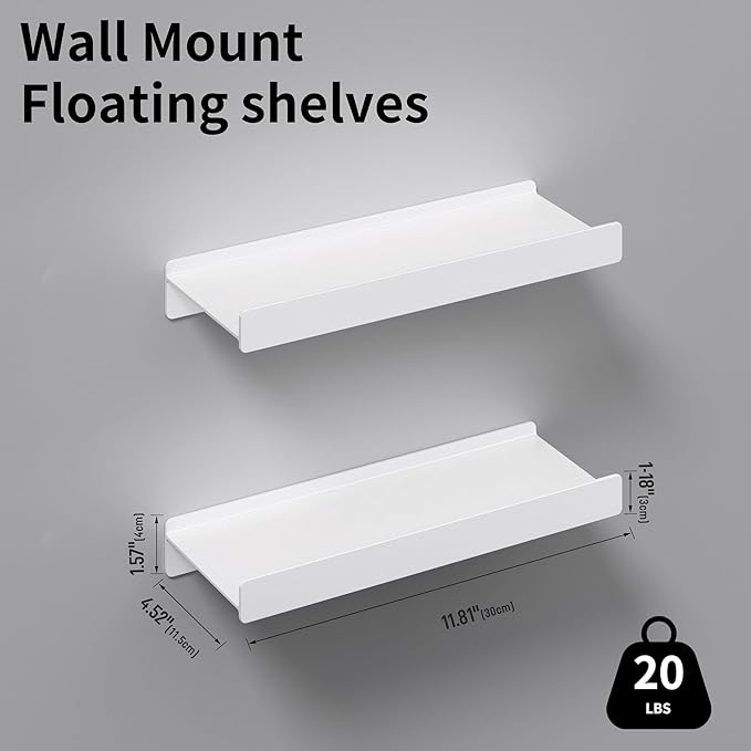 Floating Shelves for Wall, Wall Mounted Shelves with Lip for Storage, Metal Display Shelves for Home Decor, Kitchen/Living Room/Bedroom/Bathroom Shelf, White 12 inch 2 Pack-NeatNest