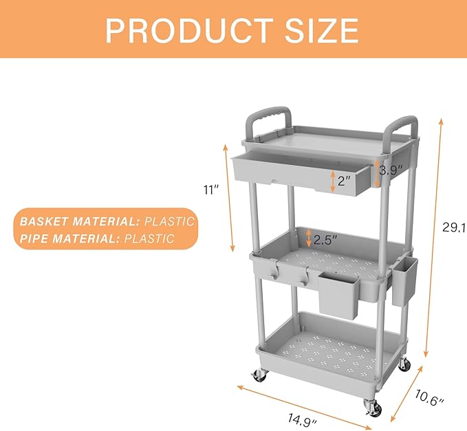 3 Tier Rolling Utility Cart with Drawer,REBECAT Utility Cart Made of Multifunctional Storage Organizer Tool for Kitchen,Bathroom,Living Room,Office(Gray)-NeatNest