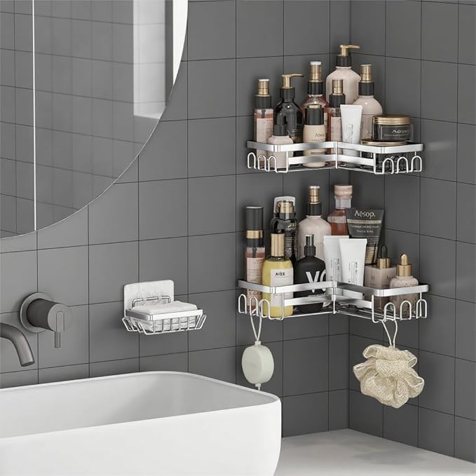 Adhesive Shower Caddy Shelf Organizer Rack,Rustproof Stainless Steel Bathroom Organizer with Large Capacity, No Drilling Corner Shower Shelves for Bathroom Storage & Home Decor