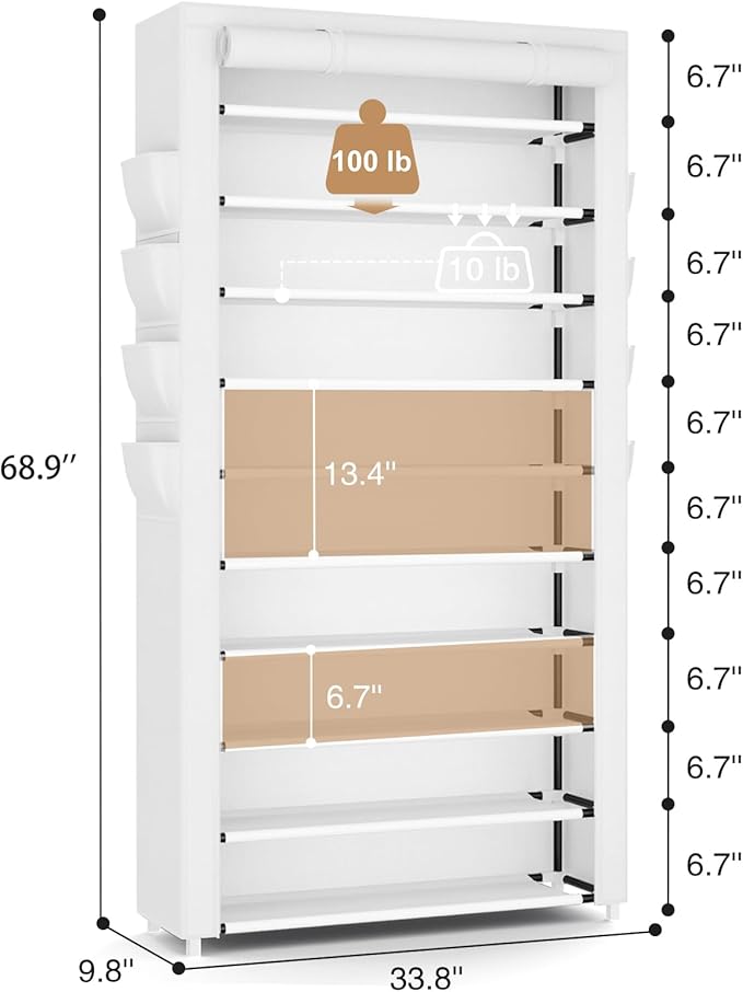 VTRIN Tall Shoe Rack with Cover, 10 Tier Shoe Organizer Storage for 50-55 Pairs Shoes and Boots Large Capacity Shoe Shelf with 8 Pockets Free Standing Shoe Rack for Closet, Entryway, Garage, White-NeatNest