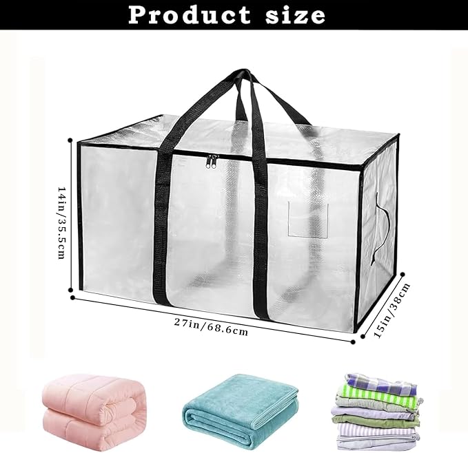 Extra Large Heavy Duty Moving Bags - Waterproof Storage Totes with Reinforced Handles & Zippers, Foldable for College Dorm Essentials, Clothes Storage & Travel (12-Pack Clear)