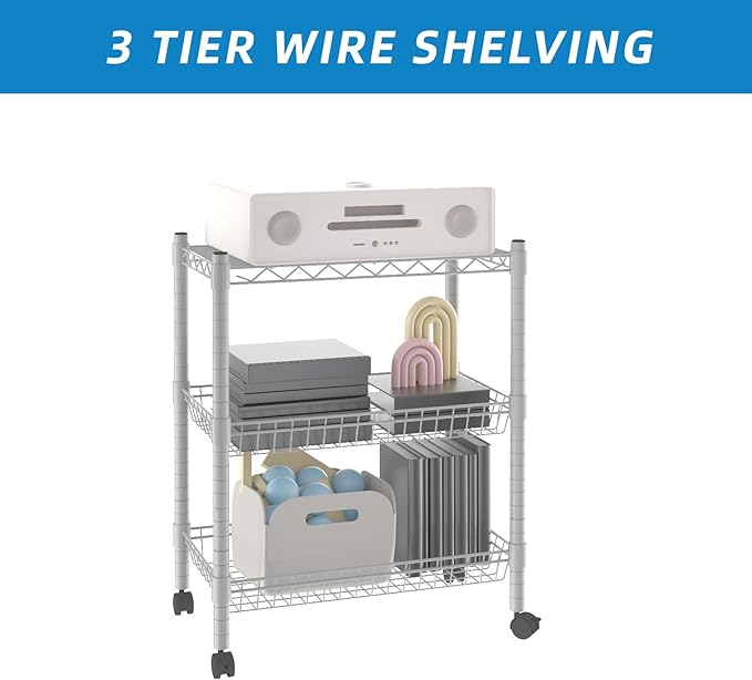 3 Tier Wire Shelving Wire Basket Shelf Storage Cart Adjustable Metal Shelf 2 Bottoms for Choose(Castor or Leveling Feet) for Office,Kitchen,Bedroom,Silver(23.23" L x 13.11" W x 32.28" H)