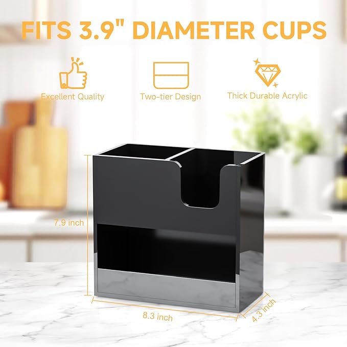 Coffee Condiment and Cup Organizer - 2-Tier Upright Cup and Lid Holder with Straw Organizer 3 Compartments Black Acrylic Cup Dispenser for Restaurant Breakroom Coffee Station Countertop-NeatNest