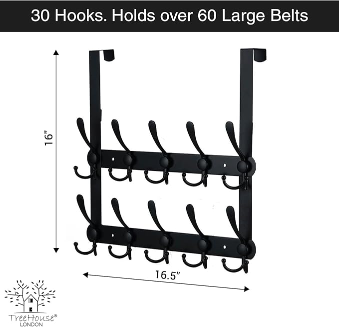 Over The Door Tri Hook Door Hanger, Belt Organizer Rack, 30 Coat Hooks, 2-Tier Holds Over 60 Belts, Heavy Duty Metal Towel Hanger with Triple-Hook Design, Over Door Coat Towel Rack, Back of Bathroom.