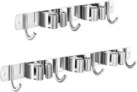2 Pcs Mop Broom Holder Wall Mounted, Dustpan Holders, Stainless Steel Mop Hangers Organizer, Broom Rack, Utility Hook for Hanging Brooms and Mops(3 Racks 4 Hooks and 2 Racks 3 Hooks)-NeatNest