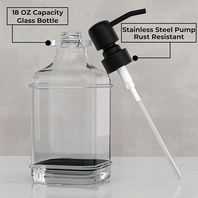 GLADPURE 2 Pack Soap Dispenser, 18 Oz Antique Design Thick Glass Hand Dispensers; with 304 Rust Proof Stainless Steel Pump, 6Pcs Clear Stickers, for Kitchen, Bathroom- Black-NeatNest