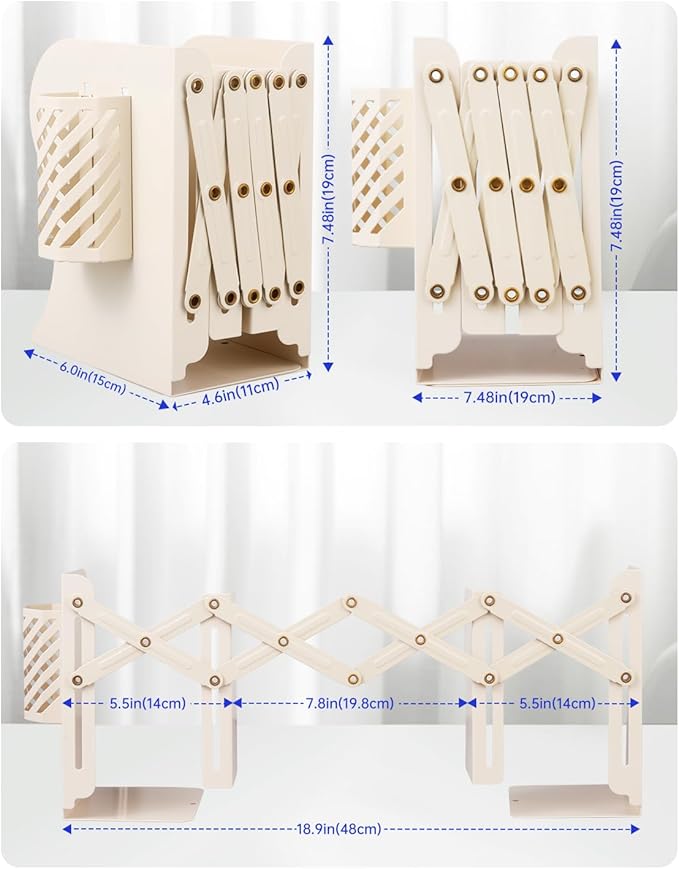 Honagu Adjustable Bookends, Metal Book Ends for Shelves Heavy Book, Desk Magazine File Organizer for Home, Office, Books, Papers, Extends up to 19 inches with Pen Holder (Beige)
