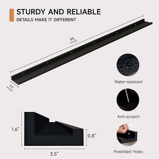 Floating Picture Ledge Shelves for Wall Set of 2, 95 Inches Picture Ledge Shelf with Long Large Nursery Book Shelf for Toys Storage Kids Bookshelf Wall Mounted Living Room Bedroom Decor Frames, Black-NeatNest
