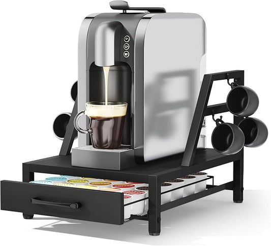 K Cup Holder Drawer - K Cup Storage Organizer, Coffee Pod Drawer with Hooks, Durable Iron-Wood Design, Space-Saving Coffee Station Organizer for Kitchen Counter-NeatNest