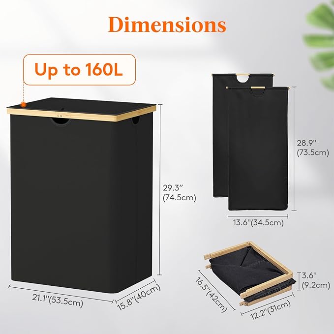 Lifewit 160L Double Laundry Hamper with Lid, Extra Large Bamboo Laundry Basket Dirty Clothes Hamper, 2 Section Laundry Bin Organizer for Laundry Room Bedroom with 2 Removable Liners & Bags, Dark Black-NeatNest