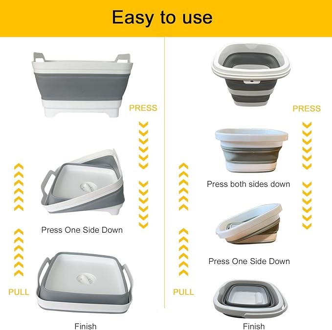 Collapsible Basin Bucket (9L+5L)-Collapsible Dish Tub Portable Sink-Foldable Sink Tub for Cleaning Foldable Portable Plastic (Grey+5L Grey)-NeatNest