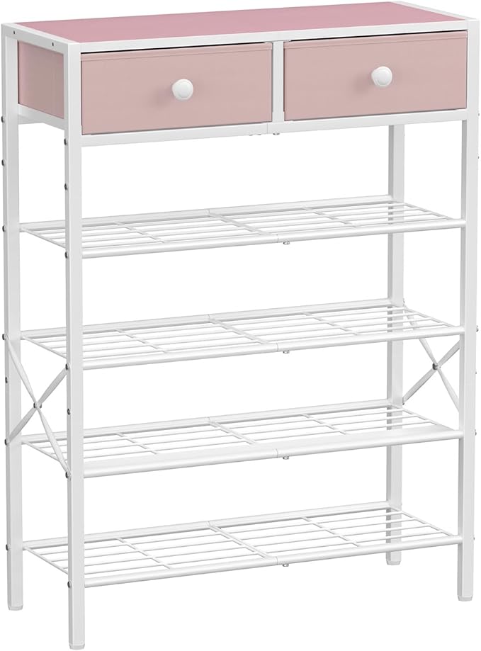 Shoe Rack for Entryway, 5 Tier Shoe Organizer with 2 Non-Woven Drawers, Metal Storage Shoe Shelf for 16-20 Pairs of Shoes, with Wooden Top and Steel Frame, Shoe Stand for Closet Pink-NeatNest