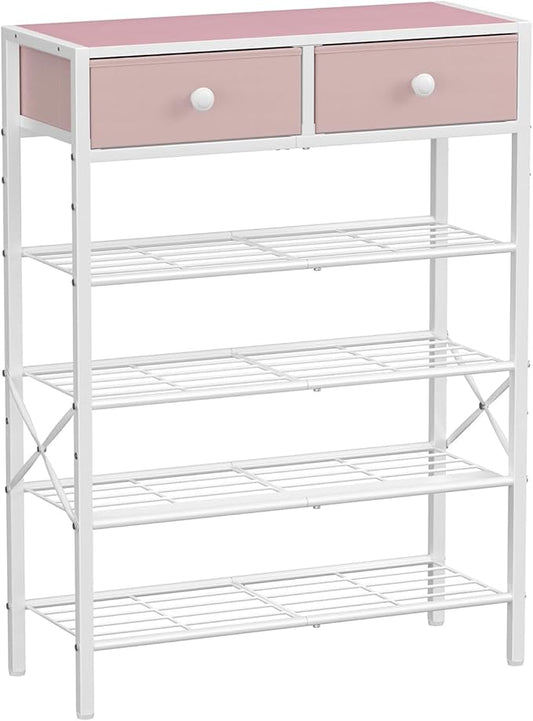 Shoe Rack for Entryway, 5 Tier Shoe Organizer with 2 Non-Woven Drawers, Metal Storage Shoe Shelf for 16-20 Pairs of Shoes, with Wooden Top and Steel Frame, Shoe Stand for Closet Pink-NeatNest