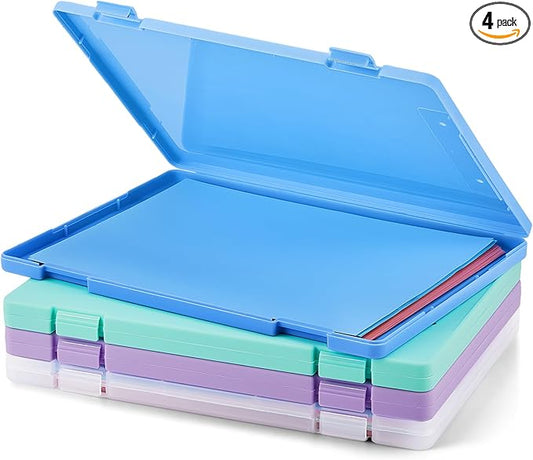Zhanmai 4 Pcs A4 Paper Organizer Box, Plastic Scrapbook Paper Storage Box File Portable Project Case for 8.5 x 11 Us Letter, Office Document Case Board Game Magazine Art Storage Container PP Colorful
