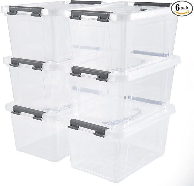 6 Quart Plastic Stackable Storage Latch Bins,Clear Latching Box with Handle and Lid,Pack of 6 (Grey Handle)
