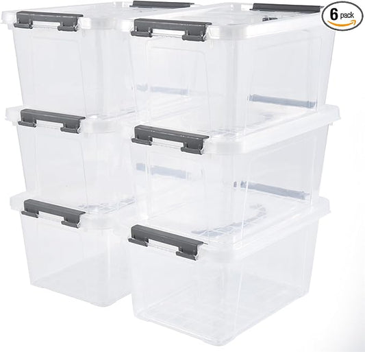 6 Quart Plastic Stackable Storage Latch Bins,Clear Latching Box with Handle and Lid,Pack of 6 (Grey Handle)