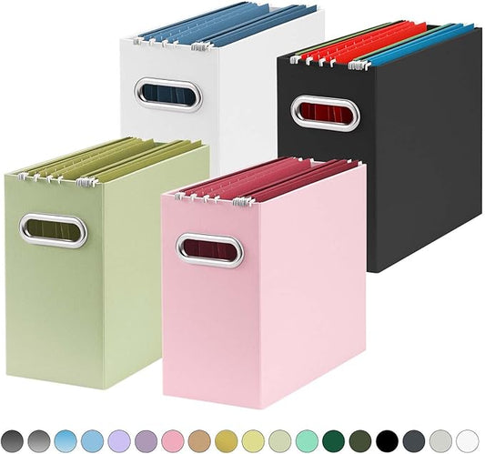 Oterri File Organizer, 4 Packs Small Storage Box, Cardboard File Folder Organizer, Collapsible File Box for Hanging File Folders Letter Size, Portable Filing Organizer with Handle (Multi color)