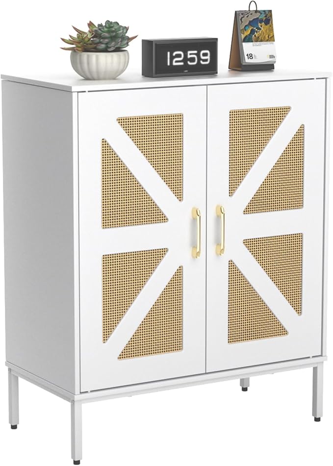 Buffet Cabinet White with Storage, Rattan Sideboard with Doors & Shelves, Accent Buffet Console Table 32.9" Media Console Mid Century Coffee Bar Table for Living Room Kitchen Dining Room-NeatNest