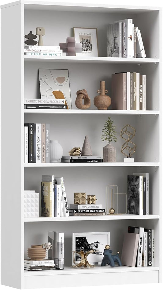 Farini 60 Inch Tall 5-Shelf Bookcase, Wood Bookshelf Storage Organizer Adjustable Shelf for Home Office, Study Room, Easy Assembly,White